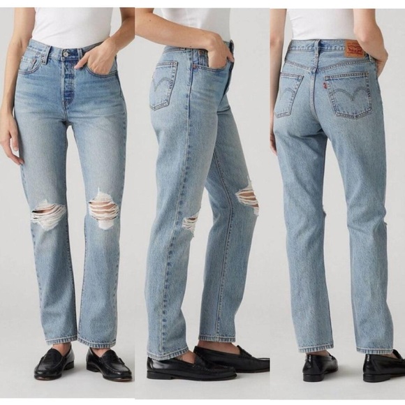 Levi's 501 high-waisted straight-leg distressed denim jeans in blue - Picture 1 of 8